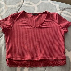 Pink Crop Top with V neck cut and lace bottom